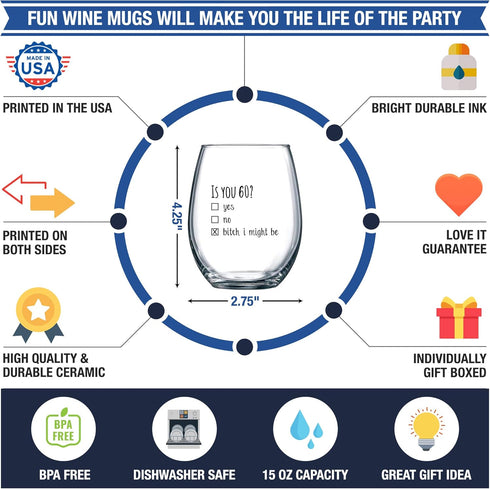 60th Birthday Gifts for Women and Men Wine Glass - Funny Is You 60 Gift Idea for Mom Dad Husband Wife – 60 Year Old Party Supplies Decorations for...