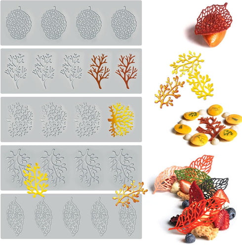 5PCS Leaf Molds Silicone Baking Molds Fondant Molds, Hollow 3D Coral Branch Leaf Tuile Lace Silicone Cake Molds, Polymer Clay Molds for Baking, Re...