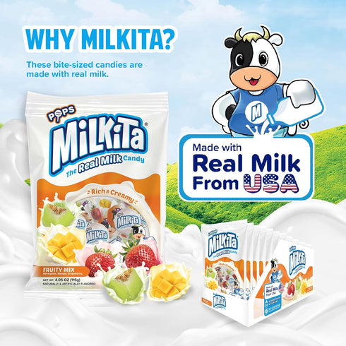 Milkita The Real Milk Lollipop Bag, Gluten Free Chewy Candies with Calcium & Real Milk, Zero Trans Fat, Low-Sugar, Fruity Flavors (Strawberry, Hon...