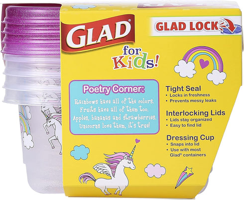 Glad for Kids GladWare Snack Containers with Unicorn Design | BPA-Free Plastic Food Storage, 24oz 4 Count with Dressing Cups | Microwave & Dishwas...