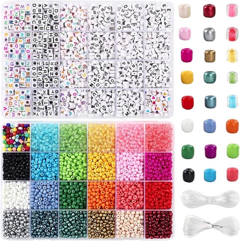 8800pcs Beads Kit, Including 7200pcs 4mm Glass Seed Beads and 1600pcs Letter Beads for Bracelet Jewelry Making and Crafts with 20m Crystal String ...