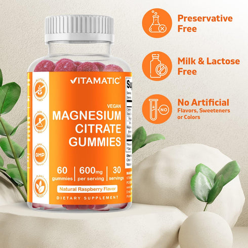 Vitamatic Magnesium Citrate Gummies 600mg per Serving - 60 Vegan Gummies - Promotes Healthy Relaxation, Muscle, Bone, & Energy Support (60 Gummies...