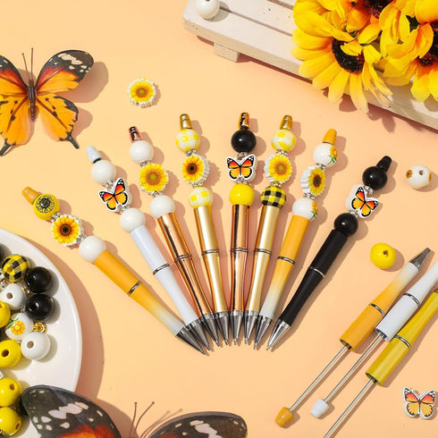 Colarr 24 Sets Plastic Beadable Pens DIY Pens Making Kit Assorted Bead Pens Wood Beads Crystal Spacer Beads Black Ink Ballpoint Pen for Women Stud...