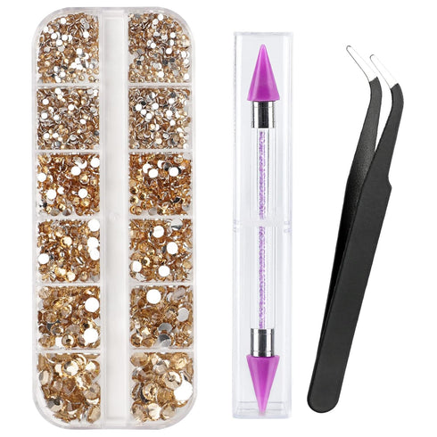 Canvalite 1500PCS Champagne Rhinestones Flat Back Gems, Nail Rhinestones Nail Art Gems with Pick Up Tweezers and Rhinestone Picker Dotting Pen, Na...