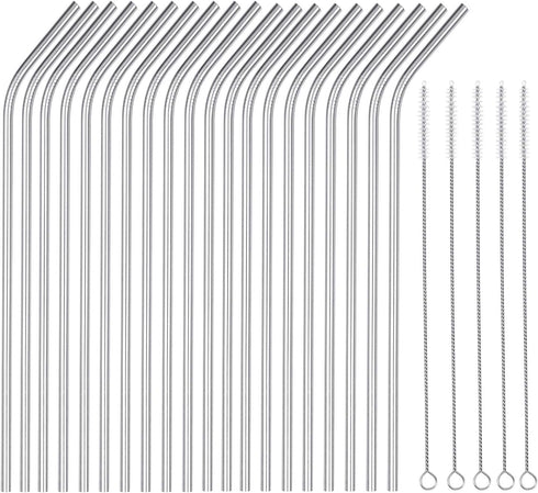 25 Piece Set Stainless Steel Straws Long 8.5 Inch Drinking Metal Straws Reusable Drinking Straws for 20 OZ (20 Bent|5 Brushes)...