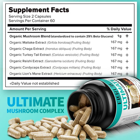 6 in 1 Mushroom Supplement - Focus, Memory, Nootropics Brain & Immune Support Mushroom Complex with Lions Mane, Reishi, Cordyceps, Chaga, Turkey T...