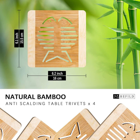 4pcs Bamboo Trivets for Hot Dishes, 6x6 inch Fish-Shaped Wood Hot Pads for Countertops and Kitchen, Decorative Trivets for Hot Pots and Pan, Versa...