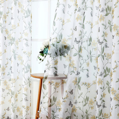 Tollpiz Short Sheer Floral Tier Curtains Yellow Flower Butterfly Printed Half Window Curtain Rod Pocket Kitchen Voile Faux Linen Curtains for Bath...
