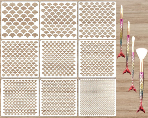 9 Pieces Mermaid Scale Stencil - Reusable Mermaid Face Makeup Stencils Fish Scale Templates and 4 Pcs Eye Makeup Brushes - Women Girl Cute Make Up...