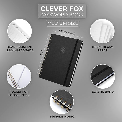 Clever Fox Password Book Spiral – Internet Address & Password Organizer with Laminated Alphabetical Tabs – Password Keeper Journal – Hardcover, Me...