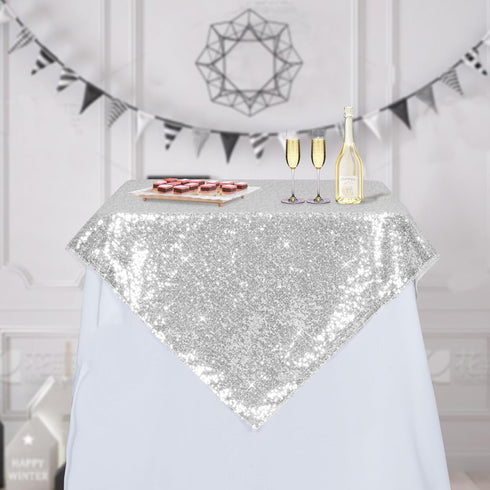 PartyDelight Silver Sequin Tablecloth Overlay 50 X 50 Inch for Wedding Party Birthday Bridal Baby Shower and Other Events Decorations...