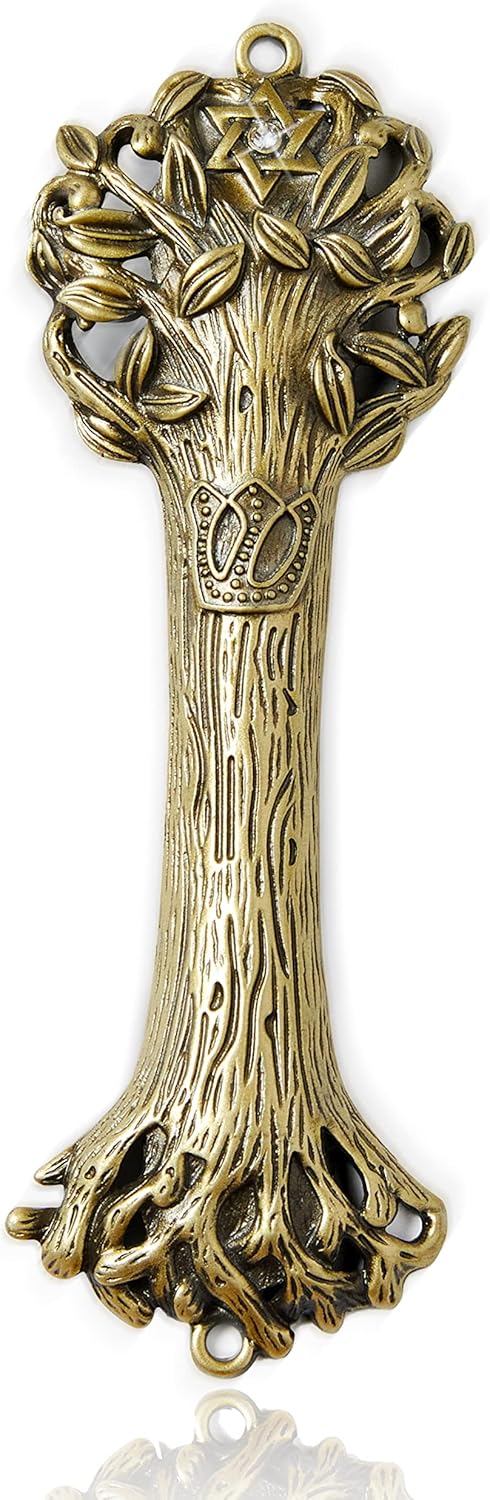 Bless This House, Tree of Life - Mezuzah Case, Wooden Texture Gold Color Design Crafted with David Star, for Jewish Homes (Large 5.5", Antique Gol...
