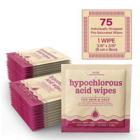 BASE LABORATORIES Hypochlorous Acid Wipes | Saline Solution and HOCl Infused Wound Cleaning Wipes for Skin & Face | Cleanses, Sanitizes & Soothes ...