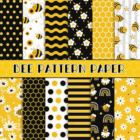 Whaline 12 Designs Bee Pattern Paper Pack 24Pcs Yellow Black Honeycomb Scrapbook Specialty Paper Double-Sided Collection Decorative Craft Paper fo...