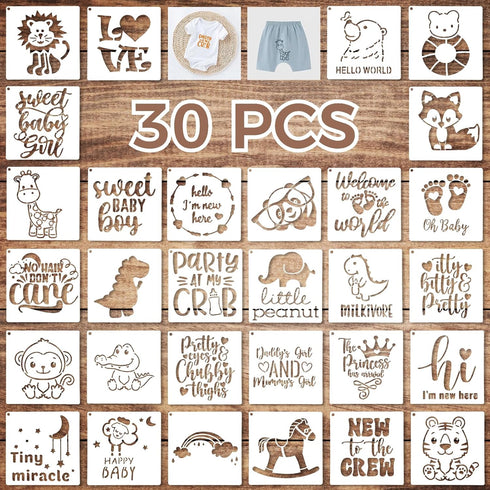 Varku 30 PCS Baby Shower Stencils PET for Onesie, Infant One-piece Deorative Kit Lovely Cartoon, Boy Girl Baby Shirt Fabric Stencils for Clothes, ...