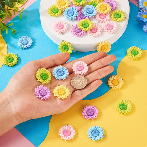 40Pcs Resin Sunflower Charms Opaque Flower Pendants Ornament with Iron Loops 4 Colors 24-25mm for DIY Necklace Bracelet Earring Jewelry Making Sup...