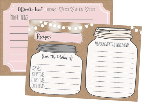 50 Double Sided Recipe Cards 4x6, Wedding Bridal Shower Card, Kraft Blank Christmas Holiday Printable Recipe Card for Binder, Cute Rustic Vintage ...