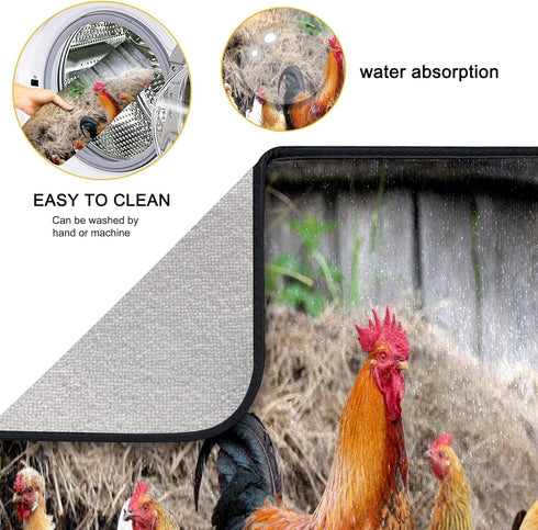 Dish Drying Mat For Kitchen Counter Rooster Chicken Hen Farm Absorbent Microfiber Kitchen Drying Mats For Dishes Reversible Countertop Dish Draine...