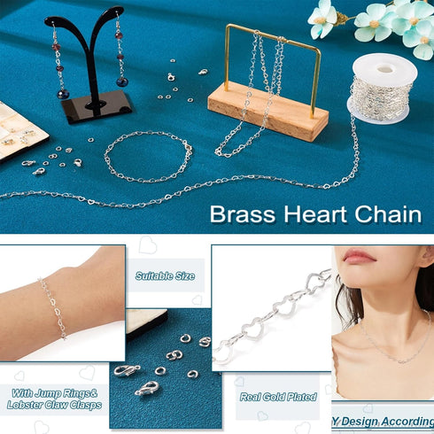 Pandahall 15.7-16.4 Feet Silver Heart Link Chains 5x3.5x0.4mm Soldered Brass Love Heart Cable Chains Spool with 20Pcs Lobster Claw Clasps 30Pcs Ju...