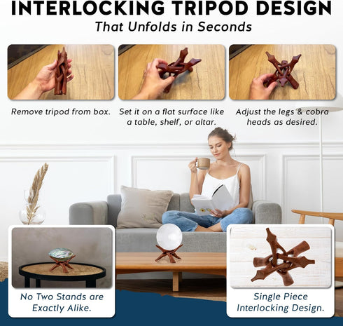 Alternative Imagination Wooden Tripod Display Stand – 6-Inch Hand Carved Holder Made from Sustainable Mango Wood – Folding Reddish-Brown Stand for...