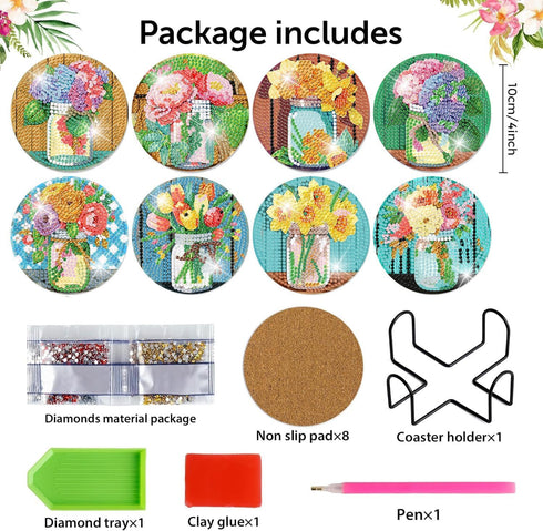 8 PCS Diamond Art Coasters-Flower Diamond Painting Coasters Kits with Holder,DIY Flowers Diamond Art Coasters Kit for Beginners Adults Art Craft S...