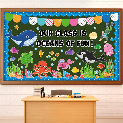 85Pcs Ocean Bulletin Board Set Ocean Sea Animals Cutouts Classroom Bulletin Board Decoration Under The Sea Borders Marine Fish Cutouts for Educati...