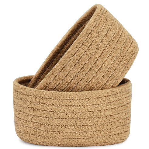 ?2 Pack?ABenkle Small Woven Baskets, Tiny Oval Shallow Storage Baskets, Mini Cotton Rope Empty Decorative Basket, Boho Little Organizer Bins for B...