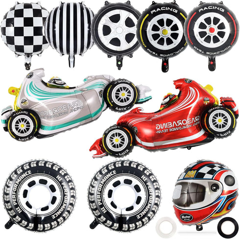 10 PCS Race Car Balloons, Foil Helmet Checkered Balloons and Hot Wheel Tire Balloons, Race Car Party Supplies for Boy Two Fast Birthday Party Cars...
