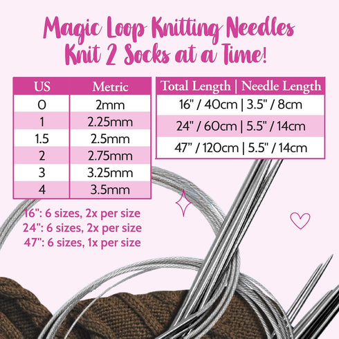 KnitPal 47-in(120cm) Stainless Steel Circular Knitting Needles Set - Magic Loop Sock Knitting Needles - 6 US Sizes: 0/2mm, 1/2.25mm, 1.5/2.5mm, 2/...