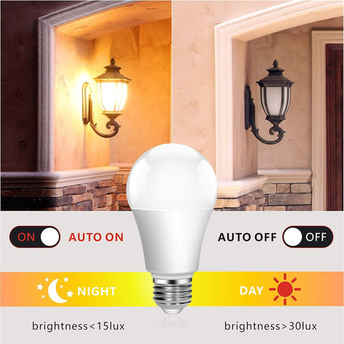 Dusk to Dawn Light Bulbs, Built-in Photocell Light Sensor, Automatic On/Off, E26 Base 9W 60W Equivalent, AC120V 3000K Warm White, Indoor/Outdoor S...