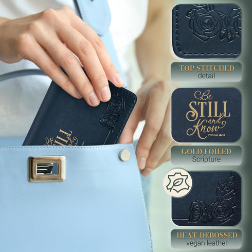 Christian Art Gifts Checkbook Cover for Women and Men with Inspirational Scripture - Be Still and Know - Navy Faux Leather Checkbook Cover for Dup...