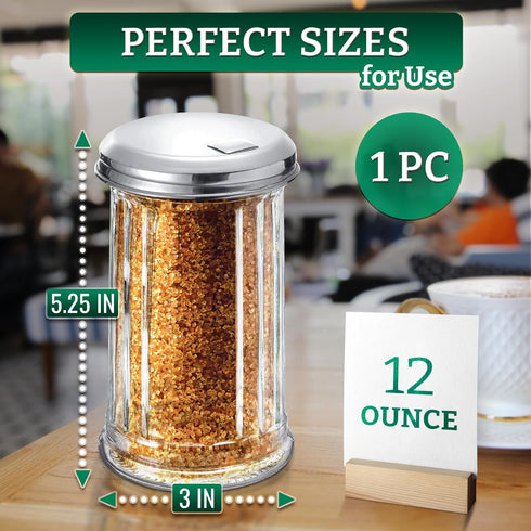 12 Oz Glass Sugar Dispenser with Pour Spout and Stainless Steel Flip Lid - Durable, Classic Style Conveniently Sized Multifunctional Sugar Contain...
