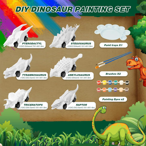 Mchochy 6 Pack Painting Dinosaur Pull Back Car Toys Arts and Crafts for Kids Age 3-12, DIY Dinosaur Painting Kits for Boys Girls Kids Christmas Pa...