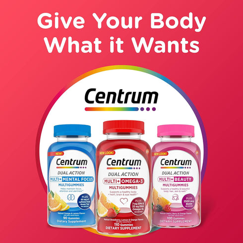 Centrum MultiGummies Multi+ Omega 3 Dual Action, Adult Multivitamin, Multivitamin/Multimineral/Omega 3 Supplement, Strawberry/Lemon/Orange Flavors...