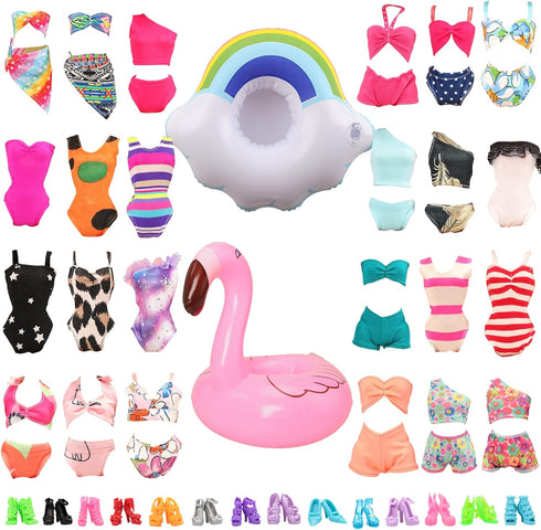 BARWA 12 Items 5 Psc Swimsuits Bathing Clothes Bikini One Piece with 2 Pool Floaties with 5 Shoes for 11.5 inch Doll...
