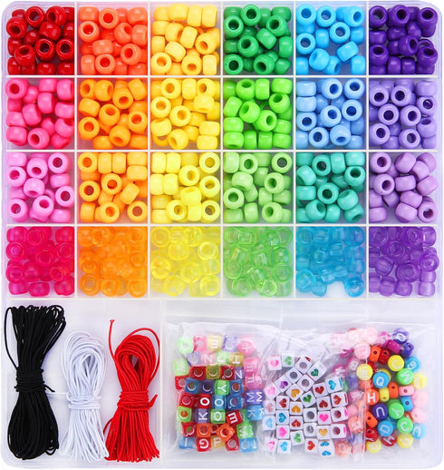GREENTIME 700Pcs Pony Beads for Bracelet Making Kit, 600Pcs/24 Colors Plastic Rainbow Hair Bead and 100pcs Letter Beads Charms for DIY Craft Jewel...