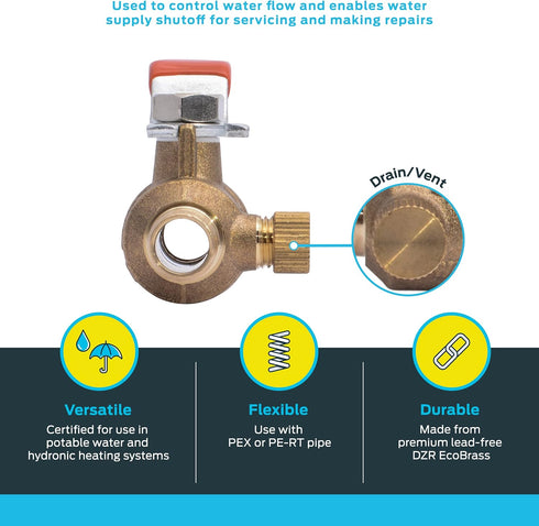 SharkBite 1/2 Inch Crimp Ball Valve with Drain, Brass Plumbing Fitting, PEX Pipe, PE-RT, 24612LFA...