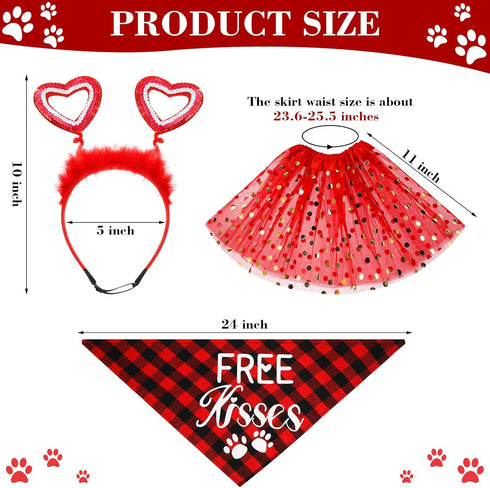 6 Pcs Valentines Day Dog Costume Set Including 2 Pcs Red Heart Headband 2 Pcs Buffalo Plaid Pet Bandana 2 Pcs Red Tutu Skirt, Cupid Headband Dog T...