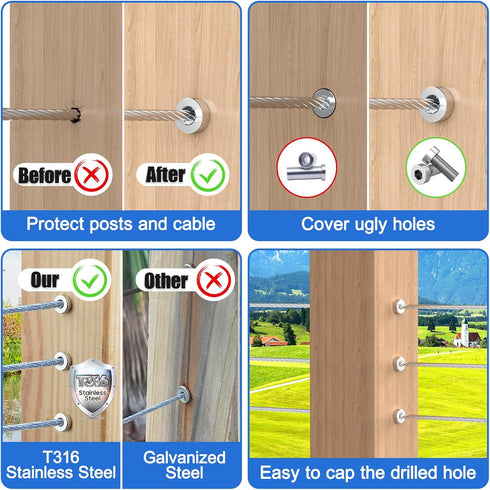 TooTaci 40 Pack Upgraded Protector Sleeves with Hexagon Thread for Wood Posts, T316 Stainless Steel Protector Sleeves for 1/8 Cable Railing Kit,1/...