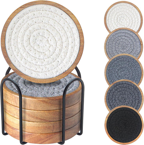 Coasters for Drinks Absorbent Sets of 5, Woven Coasters with Holder, Wood Coasters for Coffee Table, Housewarming Gift for Farmhouse Home Decor, 4...