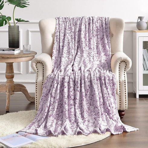 FY FIBER HOUSE Flannel Fleece Throw Blanket Super Soft Lightweight Microfiber with Flower Print for Couch, 50"X60", Lavender...