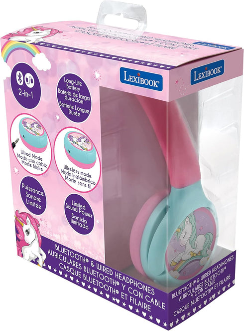 Lexibook Unicorn 2-in-1 Bluetooth Headphones for Kids - Stereo Wireless Wired, Kids Safe, Foldable, Adjustable, HPBT010UNI, Pink, 16.5 x 8 x 18.5 ...