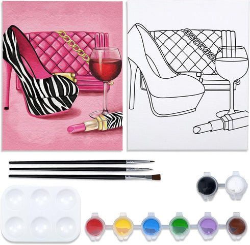 VOCHIC Canvas Painting Kit Pre Drawn Canvas for Painting for Adults Party Kit Paint and Sip Party Supplies 8x10 Canvas to Paint Girl High Heel Gla...