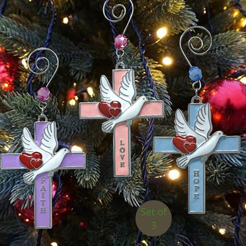 Faith Hope Love Cross Christmas Ornaments - Set of 3 - Religious Crosses with Doves, Hearts and Embossed Words - Inspirational Xmas Gift - 3" H...