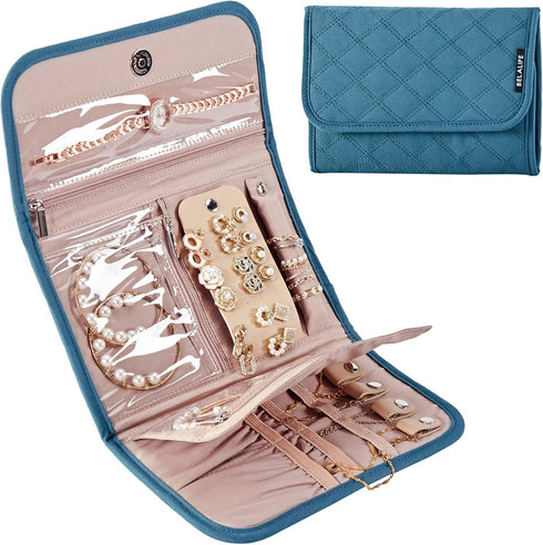 BELALIFE Travel Jewelry Case Organizer, Foldable Jewelry Storage Roll for Earrings, Necklaces, Rings, Bracelets, Brooches, Lake-Blue...
