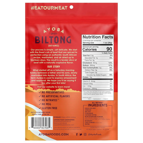 Ayoba Spicy Grass Fed Beef Biltong Slices (4 Ounce, Pack of 1) - Keto Friendly Air-Dried Grass Fed Beef Paleo Snacks - Gluten Free, Whole 30 Appro...