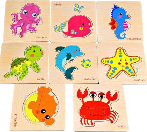 8pcs Wooden Puzzles for Toddlers 1-3, Toddler Puzzles Ages 2-4, Montessori Toys for 1-3+ Years Girl Boy, Sea Animal Puzzle for Kids, Jigsaw Puzzle...