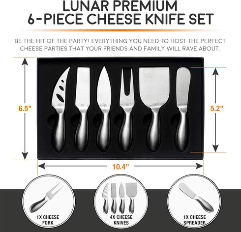 Lunar 6-Piece Cheese Knife Set - Premium Stainless Steel Cheese Knives Collection - Charcuterie Board Accessories Gift Ready w/ 15 Festive Recipes...