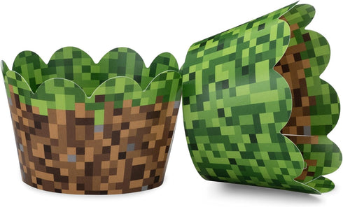 Pixel Grass Themed Cupcake Wrappers for Boys Birthday Parties, Vintage 8-Bit Birthday Party. Set of 24 Reversible Engineer builder Grass and Green...