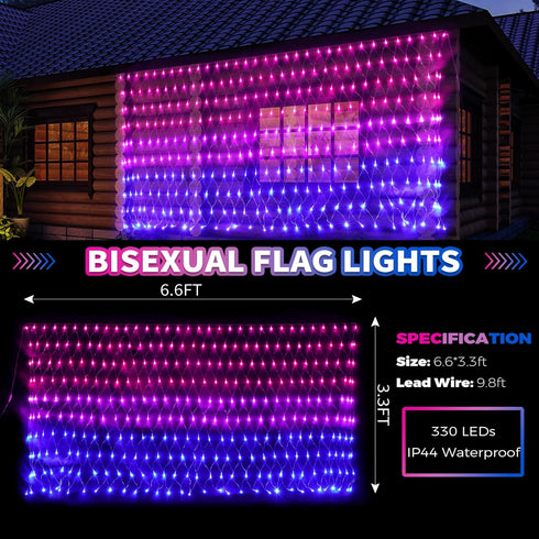 Bisexual Flag Lights Outdoor, 6.6x3.3 FT Bisexual Pride Flag Pride Decorations Connectable, 330LED Waterproof Bi Flag for Wall with Lights, Pride ...